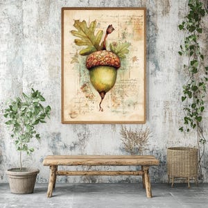 Vintage ekollon botanisk väggkonst, rustik natur inramad canvas, nyckfullt hösttryck av ek, skogsdekor, mysigt lantlig konstverk bild 2