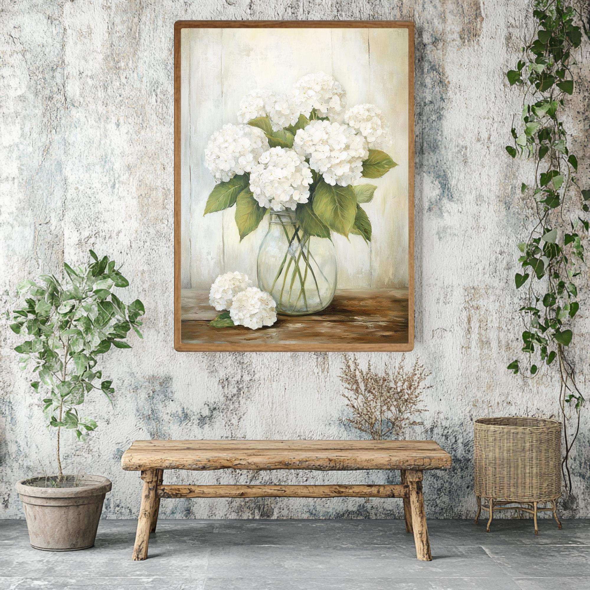 White Hydrangea Framed Canvas Wall Art, Rustic Farmhouse Flower Print ...