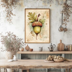 Vintage ekollon botanisk väggkonst, rustik natur inramad canvas, nyckfullt hösttryck av ek, skogsdekor, mysigt lantlig konstverk bild 7
