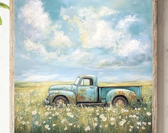 Peut inclure: Une peinture carrée encadrée représentant un vieux pick-up bleu clair avec des taches de rouille visibles, stationné dans un champ de fleurs sauvages blanches. La scène se déroule sous un ciel bleu vif rempli de grands nuages blancs texturés.