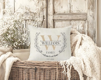Custom Family Farmhouse Throw Pillow, Minimal Rustic Name Cushion, Personalized Country Home Decor, House Warming Gift, New Home Gift