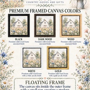 The image is an advertisement for premium framed canvas colors, featuring a variety of wood and white frames with different finishes. The text provides information about the different frame colors and finishes, including the options for black, darkwood, wood, white, gold, and floating frames.