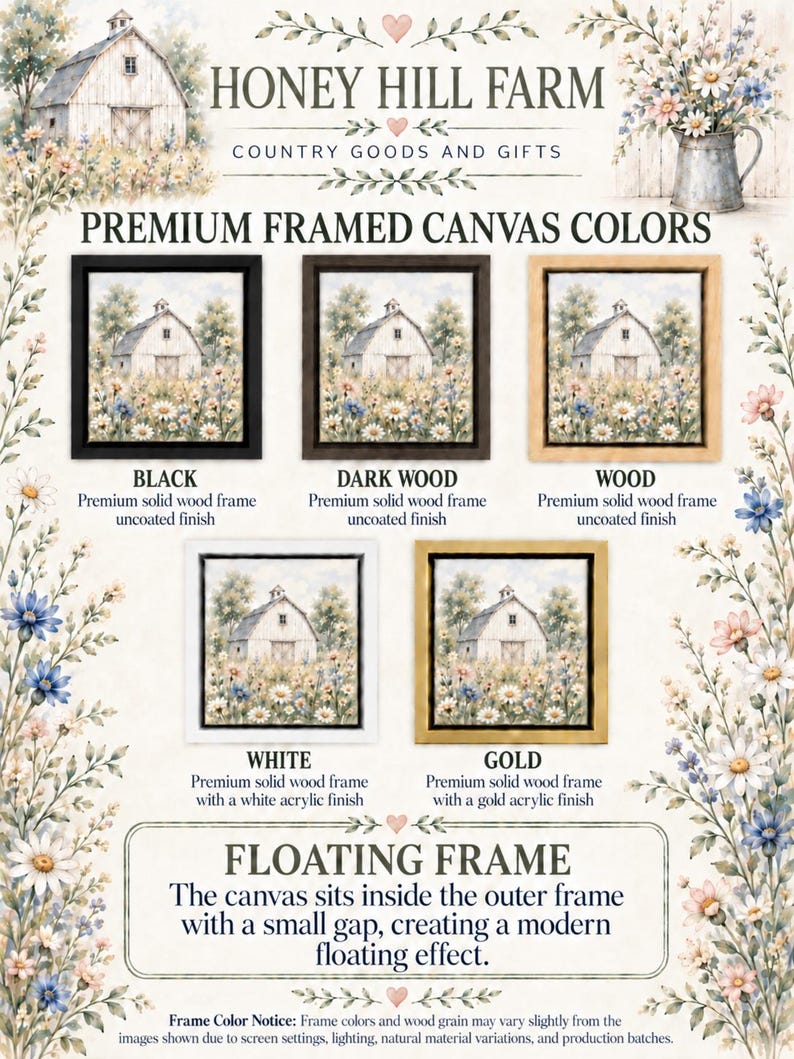 The image is an advertisement for premium framed canvas colors, featuring a variety of wood and white frames with different finishes. The text provides information about the different frame colors and finishes, including the options for black, darkwood, wood, white, gold, and floating frames.
