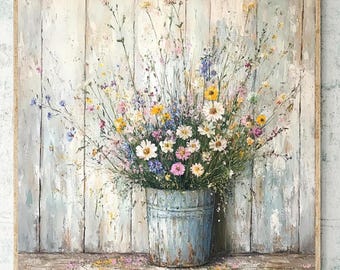Wildflowers Wooden Framed Canvas, Rustic Farmhouse Decor, Farmhouse Print, Natural Wood Framed Canvas, Farmhouse Wall Art, Country Wall Art