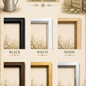 The image is a framed canvas with various frame colors, including black, white, wood, dark wood, gold, and silver. The canvas is set against a floral background, and there is a barn visible in the distance.