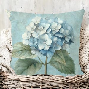 Vintage Hydrangea Accent Pillow, Farmhouse Throw Pillow, Botanical Pillow Cover, Woven Pillow, Cottage Flower Pillowcase, Floral Home Decor