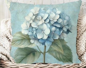 Cojín decorativo vintage con hortensias, cojín rústico, funda de cojín botánica, cojín tejido, funda de cojín con flores de campo, decoración floral para el hogar.