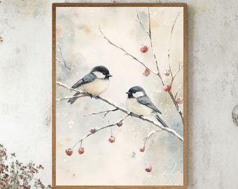 Winter Birds Wooden Canvas Art, Watercolor Chickadees on Branch with Red Berries, Rustic Farmhouse Country Wall Decor
