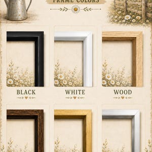 The image is a framed canvas with various frame colors, including black, white, wood, dark wood, gold, and silver. The canvas is set against a floral background, and there is a barn visible in the distance.