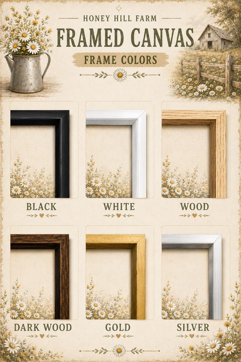 The image is a framed canvas with various frame colors, including black, white, wood, dark wood, gold, and silver. The canvas is set against a floral background, and there is a barn visible in the distance.