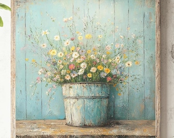Rustic Wildflowers Farmhouse Canvas Wall Art, Vintage Country Botanical Print, Cozy Cottage Kitchen Entryway Farmhouse Decor