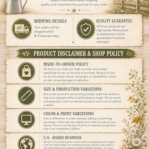 The image is a shipping details and shop policy document for Honey Hill Farm, providing information about their policies for customers.