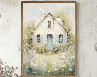 Cuadro de pared de madera con diseño de casa de campo vintage, pintura rústica shabby chic para el hogar, escena de jardín con contraventanas azules, decoración acogedora de estilo granja.