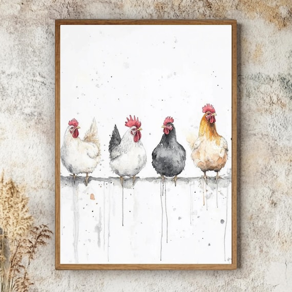 Chicken Wall Art, Rustic Framed Canvas, Funny Farmhouse Accent, Watercolor Hen Print, Country Kitchen Decor, Wooden Wall Hanging