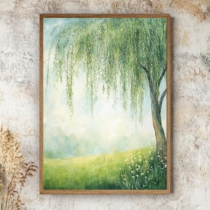 Willow Tree Wall Art Wooden Framed Canvas, Serene Meadow Landscape Print, Peaceful Nature Scene Decor, Cottagecore Home Accent