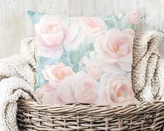 Blush Rose Throw Pillow, Watercolor Floral Cushion, Romantic Pink Rose Pillow, Shabby Chic Decorative Accent, Cottage Farmhouse Sofa Decor