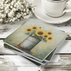 Set of 4 Sunflower Coasters, Farmhouse Floral Decor, Rustic Bucket Coaster Set, Western Country Table Accent, Gift For Flower Lovers