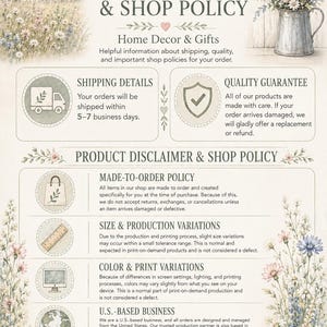 The image is a poster for Honey Hill Farm, a country goods and gifts store, featuring information about their shipping details and shop policy.