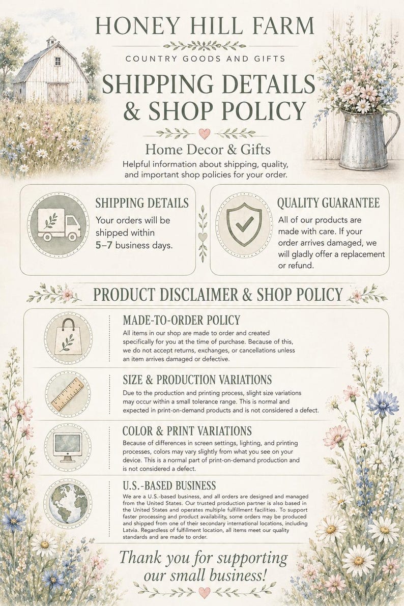 The image is a poster for Honey Hill Farm, a country goods and gifts store, featuring information about their shipping details and shop policy.