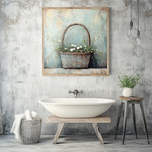 Farmhouse Basket Wall Art, Rustic Floral Canvas Print, Country Cottage Flower Basket Artwork, White Blossoms Wooden Frame Decor image 4