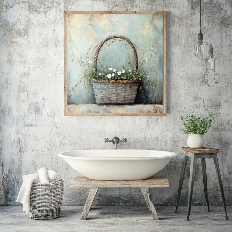 Farmhouse Basket Wall Art, Rustic Floral Canvas Print, Country Cottage Flower Basket Artwork, White Blossoms Wooden Frame Decor image 4