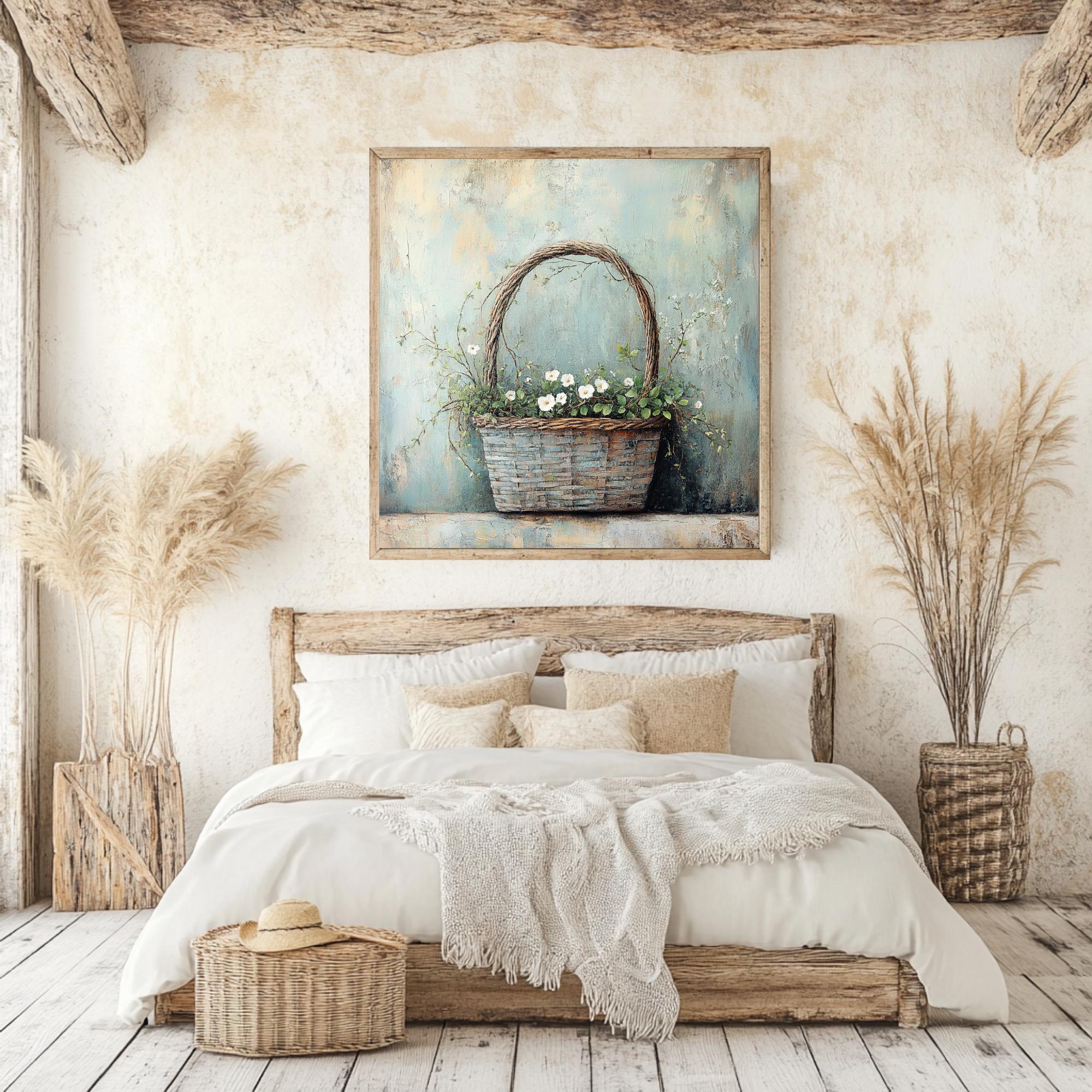 Farmhouse Basket Wall Art, Rustic Floral Canvas Print, Country Cottage