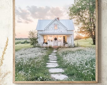 Farmhouse Cottage Wall Art, White House in Wildflower Field Canvas, Rustic Country Home Decor, Wooden Framed Landscape Print