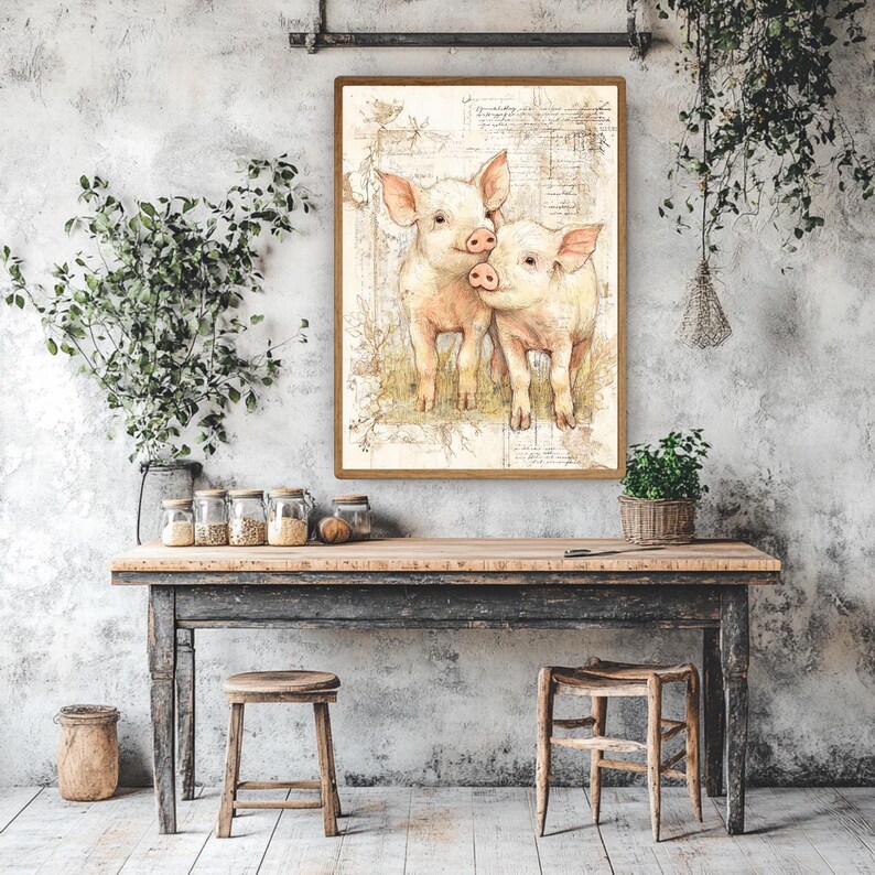 Cuadro de cerdito campestre, lienzo enmarcado de animales de granja, lámina rústica de cerdito bebé, obra de arte vintage de animales de granja, decoración cottagecore imagen 3