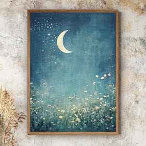Moon and Wildflower Field Wall Art Wooden Framed Canvas, Celestial Night Sky Print, Dreamy Botanical Decor, Boho Cottagecore Home Accent