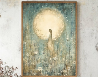 Cuadro decorativo Mujer a la luz de la luna, lámina mística inspirada en la naturaleza, lienzo de madera Pradera nocturna celestial, decoración enmarcada de diosa etérea
