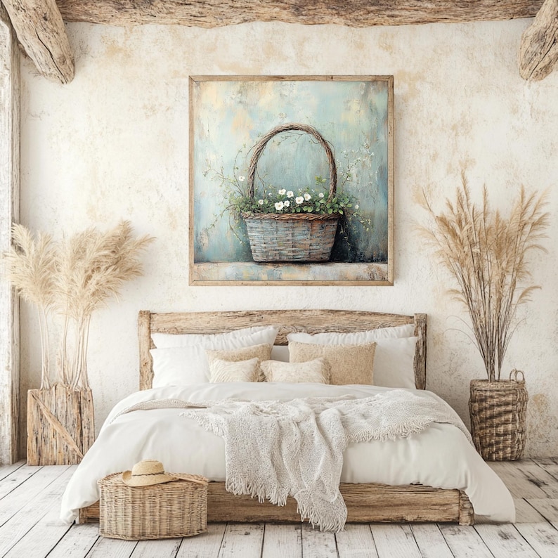 Farmhouse Basket Wall Art, Rustic Floral Canvas Print, Country Cottage Flower Basket Artwork, White Blossoms Wooden Frame Decor image 5