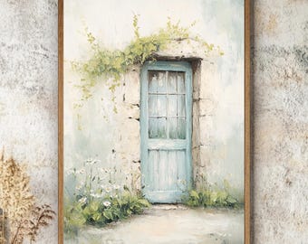 May include: A framed painting depicting a light blue wooden door set into a stone wall. Green vines hang over the top of the door frame, and white flowers grow at the base. The artwork features a soft color palette with visible brushstrokes.