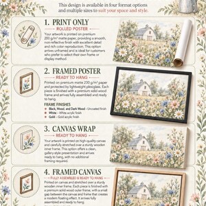 The image is a flyer or advertisement for Honey Hill Farm, a company that offers various product options for customers. It provides information about the different print options, framed poster options, canvas wrap options, and framed canvas options available for purchase. The flyer also includes a note about the importance of choosing the right size and format for each product option.