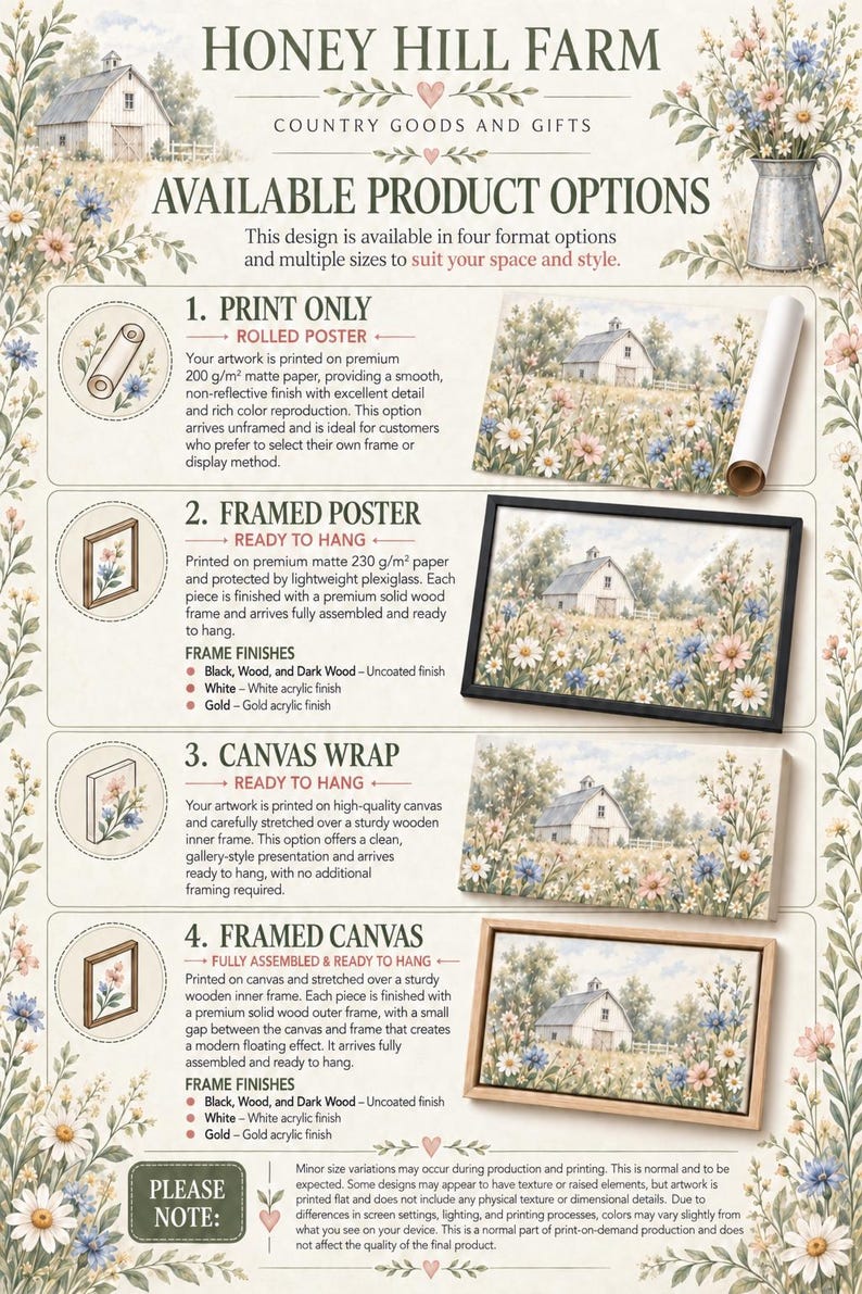The image is a flyer or advertisement for Honey Hill Farm, a company that offers various product options for customers. It provides information about the different print options, framed poster options, canvas wrap options, and framed canvas options available for purchase. The flyer also includes a note about the importance of choosing the right size and format for each product option.