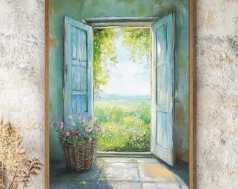 Puede incluir: Una pintura enmarcada representa una puerta abierta con contraventanas azul claro. Una cesta de mimbre con flores rosas está dentro de la puerta. La vista a través de la puerta revela un paisaje soleado con campos y árboles verdes.