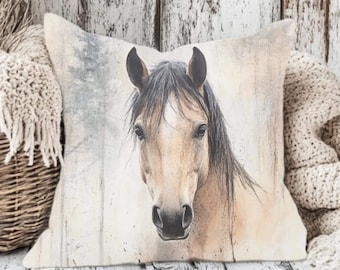 Neutral Horse Throw Pillow, Watercolor Farmhouse Cushion, Countryside Western Decorative Pillow Accent, Equestrian Pillowcase