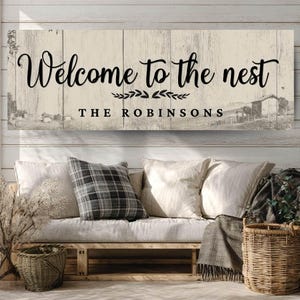 Personalized Farmhouse Wall Art, Family Name Canvas Print, Rustic Wood Sign For Entryway, Welcome To The Nest Poster