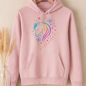 Rainbow Horse Hoodie – Equestrian Gift for Girls & Teens – Holographic Vinyl – Horse Lover Jumper – Personalised