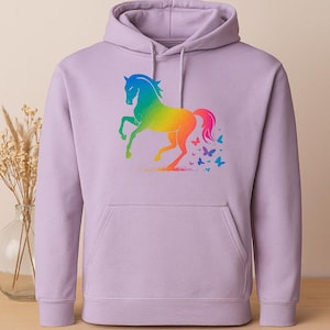 Rainbow Horse Hoodie – Equestrian Gift for Girls & Teens – Holographic Vinyl – Horse Lover Jumper – Personalised