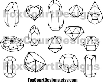 May include: A set of 12 black and white geometric shapes, resembling gemstones or crystals. The shapes are outlined in black and have a variety of facets.
