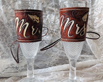 Hand Tooled Leather Champagne Glass Wraps | Couple set | Western Wedding Gift | Custom Leather Drink Wraps | Rustic Bride and Groom