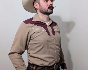Oryginalna koszula Prior Denver Western z lat 40. XX wieku – Mink & Plum z kremowymi kieszeniami w kształcie strzał – Sanforized