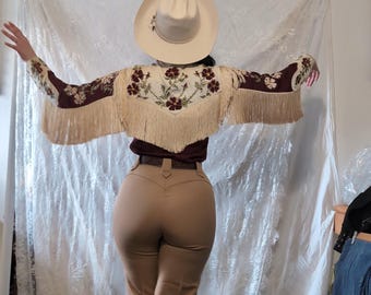 Exceptional 1950s Frontex Rhinestone Western Shirt | Burgundy & Cream Fringe Embroidered Cowboy Shirt