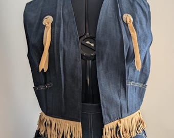 Zestaw spódnica i kamizelka z jeansu Vintage Pioneerwear z frędzlami