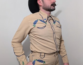 Original Mens 1950s Frontex Chainstitched Western Suit – Cactus & Blue Floral Embroidery