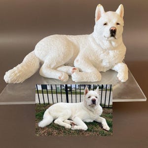 May include: A white dog sculpture in a relaxed pose, with detailed fur texture and a realistic appearance. The dog is lying down on a clear surface. A smaller image of the dog is below the sculpture.