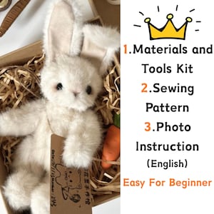 May include: A plush white bunny toy with long ears, nestled in a cardboard box with straw and a carrot. The image includes text: Materials and Tools Kit, Sewing Pattern, Photo Instruction (English), and Easy For Beginner.
