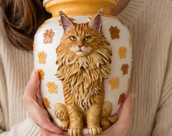 Puede incluir: Una urna de cerámica blanca con una figura de gato Maine Coon naranja en relieve en la parte frontal. La urna está decorada con huellas de patas naranjas y marrones dispersas y tiene una tapa naranja a juego con un borde redondeado y ensanchado.