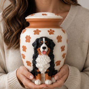 Può includere: Un'urna in ceramica per animali domestici con corpo color crema e bordo e coperchio color terracotta. L'urna è decorata con diverse impronte di zampe in rilievo color terracotta e una figura tridimensionale di un bovaro del bernese sul davanti.