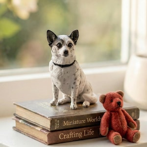 May include: A small, white and black spotted dog figurine wearing a black collar sits atop two books. A small, red teddy bear sits next to the books. The books are titled "Miniature Worlds" and "Crafting Life".